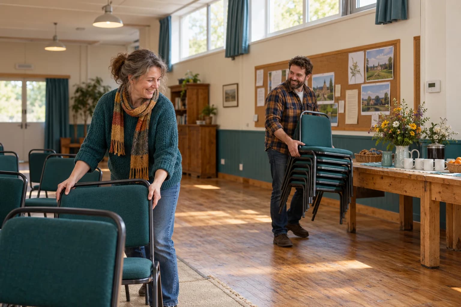 Illustrative volunteers arranging a fictional community hall