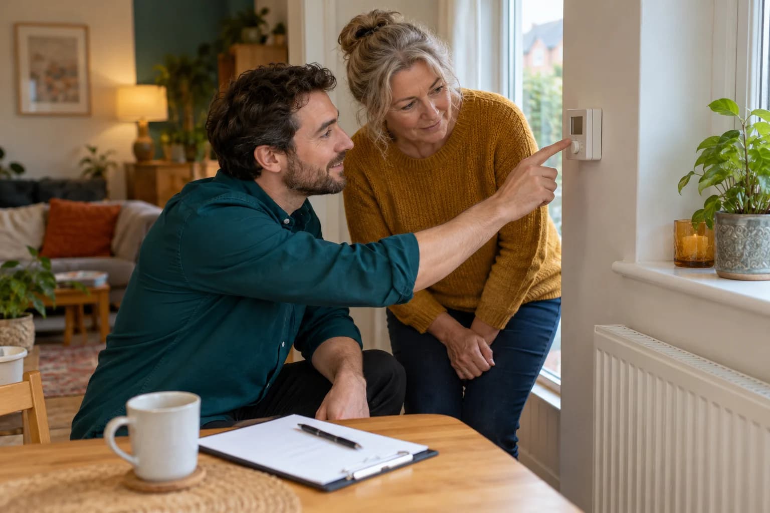 Illustrative home energy adviser and resident exploring heating controls